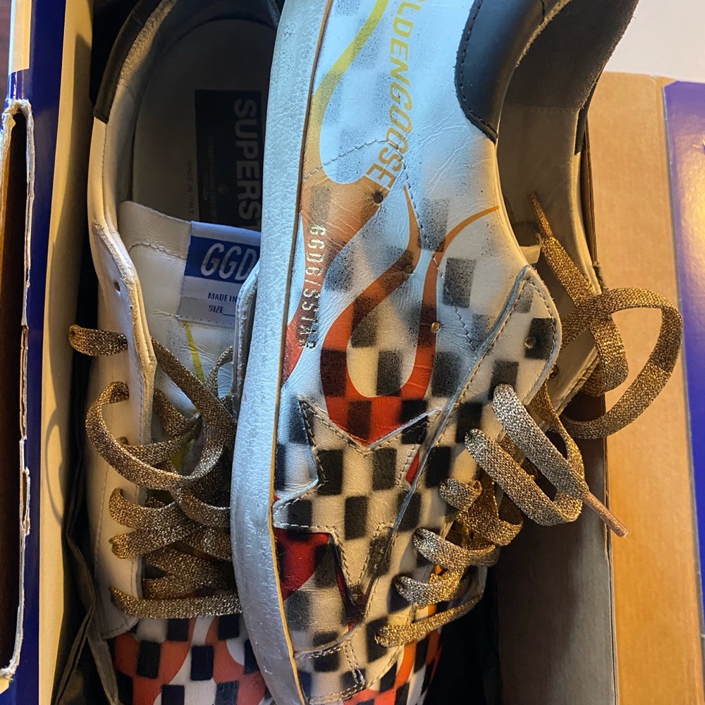 Golden Goose Checkered Sneakers with Glittery Gold Laces